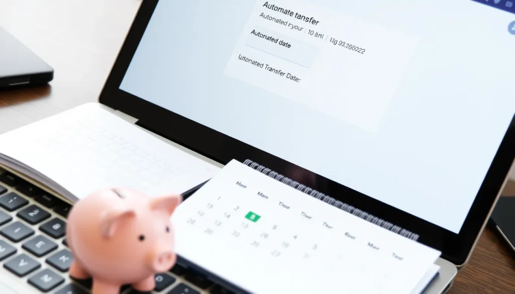 Laptop screen showing banking app with automated transfer, calendar, and piggy bank on desk.